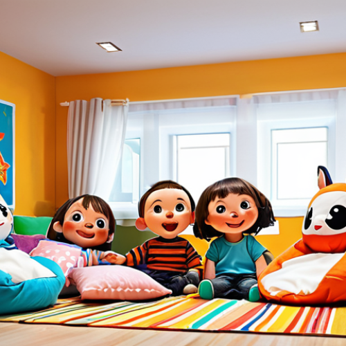Home 6 **
A group of fully clothed children are engaged in a playful puppet show featuring KokoMon characters, using pillows and blankets as props in a brightly lit playroom. The scene is safe for work and appropriate for children, with perfect anatomy, natural proportions, and a family-friendly atmosphere. High-quality digital art.
**